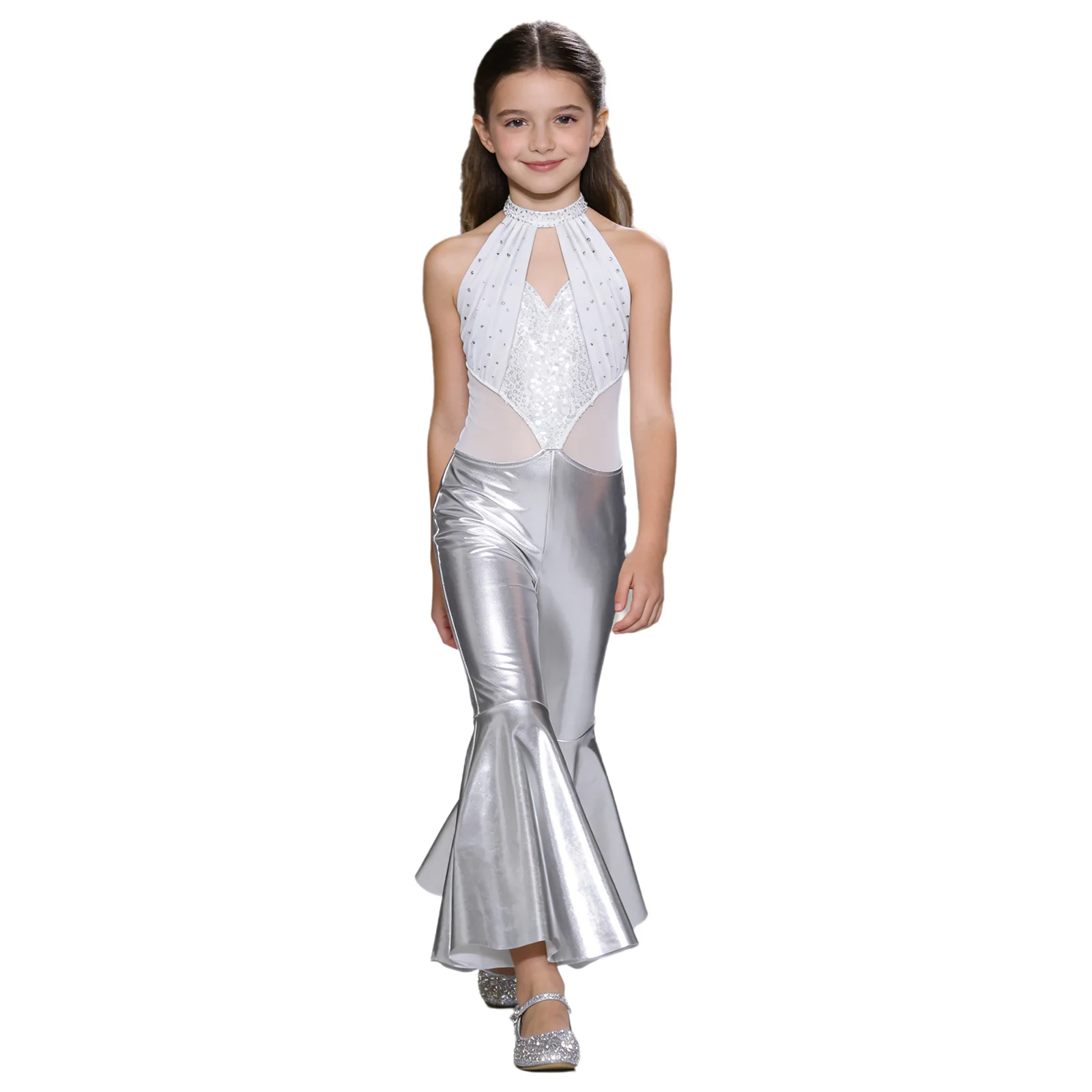 Girls Metallic Flared Pants Jumpsuit Halter Party Rompers Sleeveless Sequins 60s 70s Disco Jazz Dance Flares Birthday Costume image 4