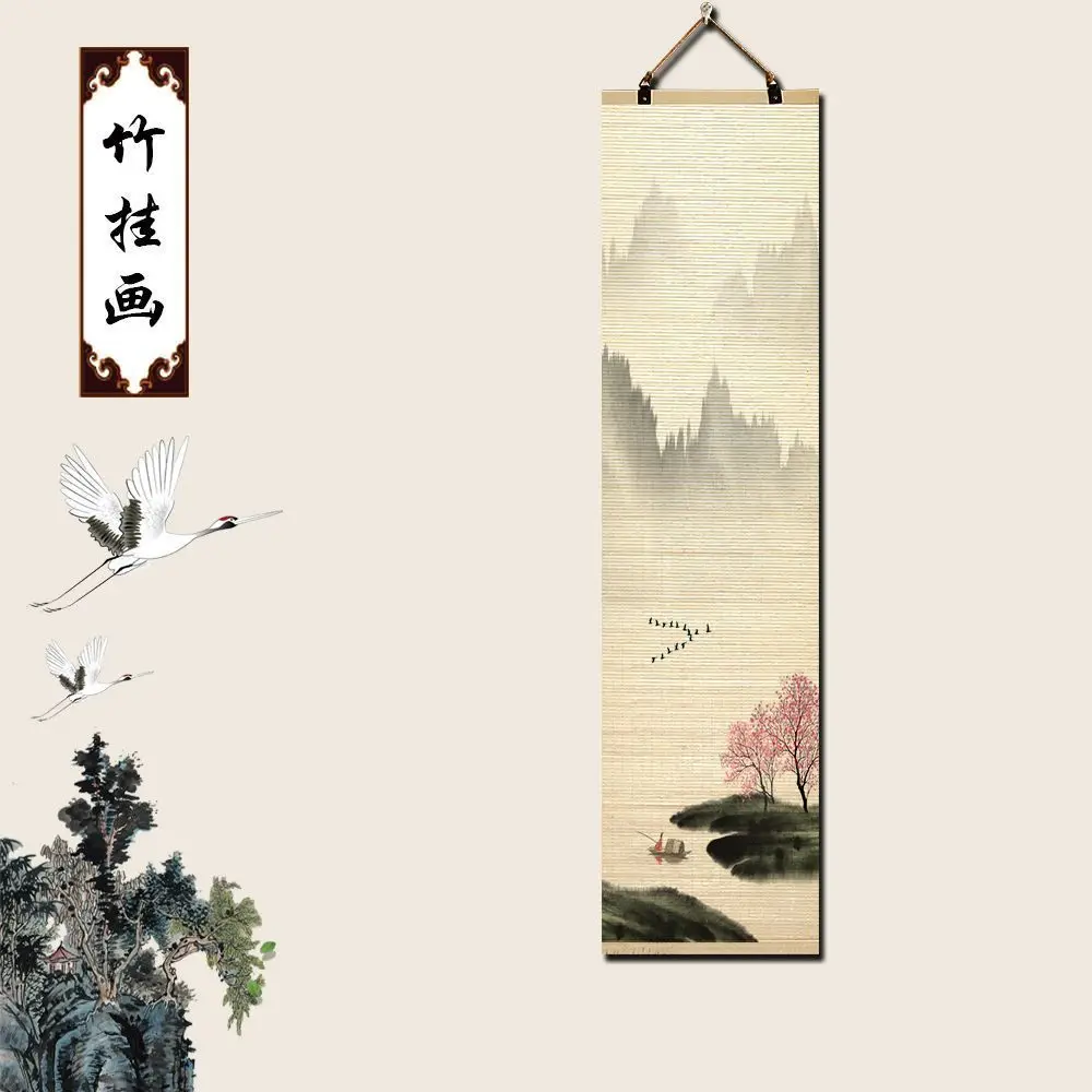 Landscape Crane Bamboo Scroll Tapestry Wall Hanging -Zen Garden House Decoration for Living Room & Tea Room Decor Aesthetic
