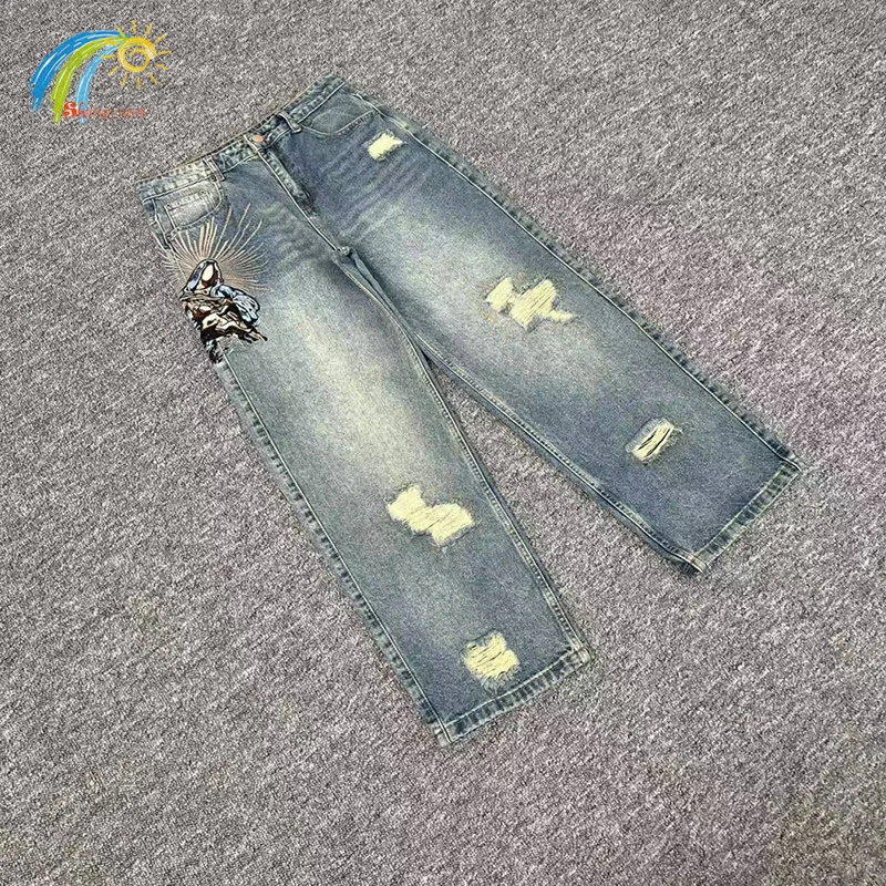 

Всесезонные винтажные джинсовые брюки с вышивкой персонажей High Street, джинсовые брюки с поврежденными отверстиями для мужчин и женщин, синие джинсы Derschutze, повседневная мода