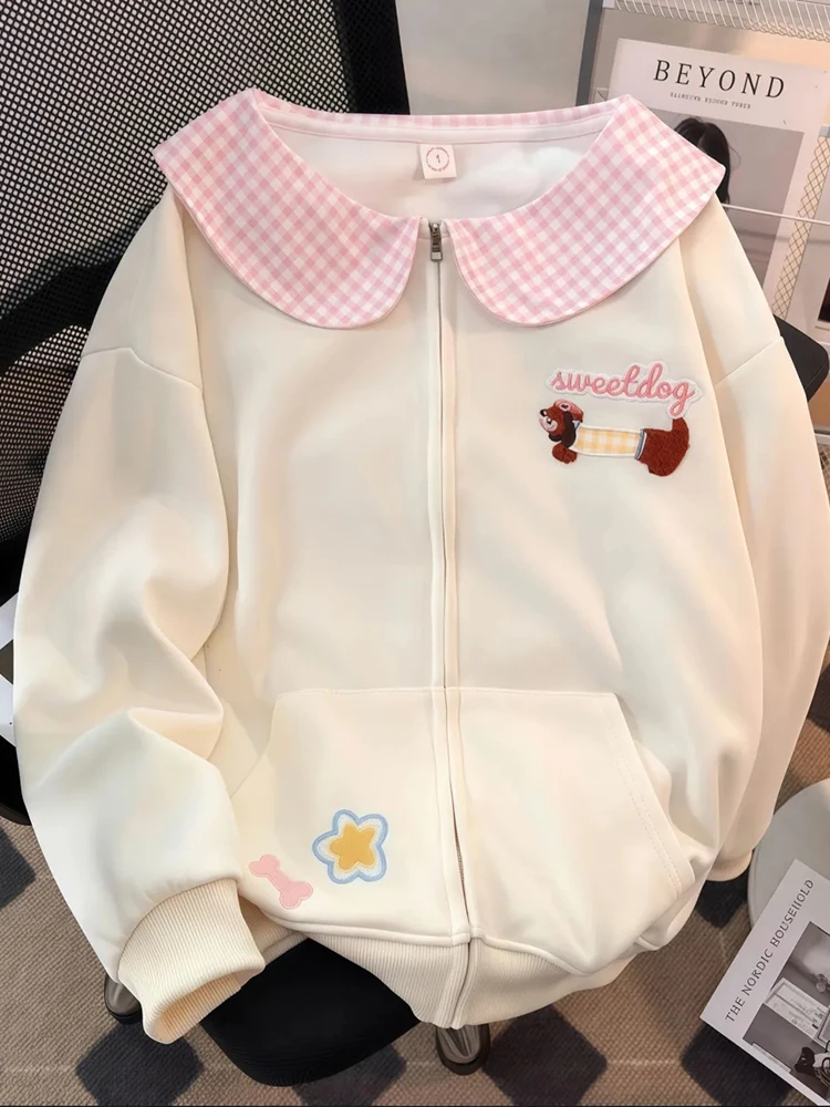 Zoki الكرتون الحلو Kawaii هوديس المرأة فضفاضة لطيف بيتر بان طوق بلوزات الخريف نمط Preppy كم طويل جديد التطريز