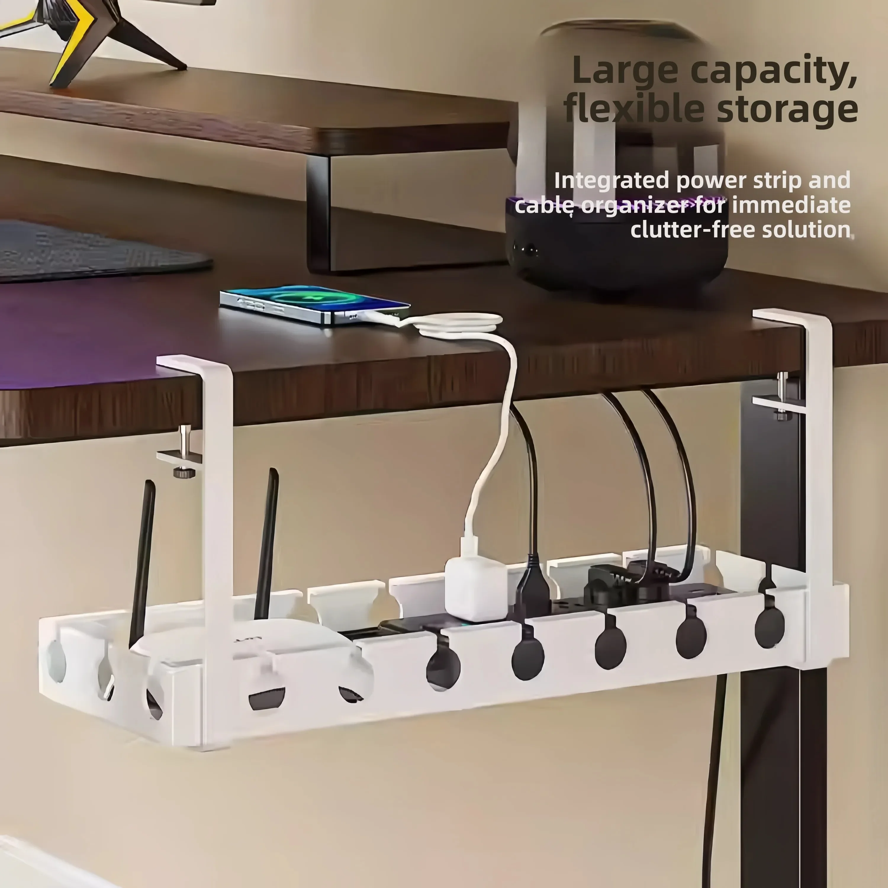 under Desk Cable Organizer No Drilling Power Cable Holder Slot Line Sorting Box Socket Wire Storage Desktop Routing Tool