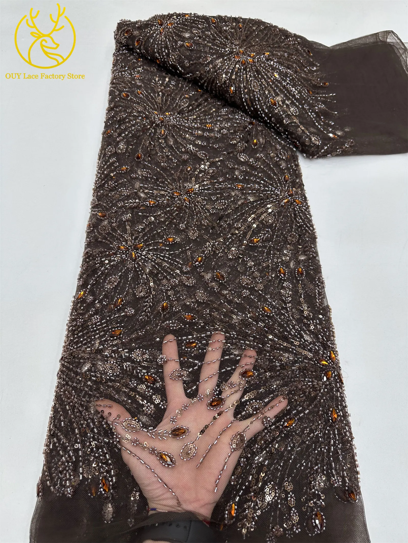 Goldene französische Edelstein-Perlenstickerei-Spitze, hochwertige nigerianische Mesh-Pailletten-Tüllspitze, afrikanischer Spitzenstoff für Damenkleider – Detail 7
