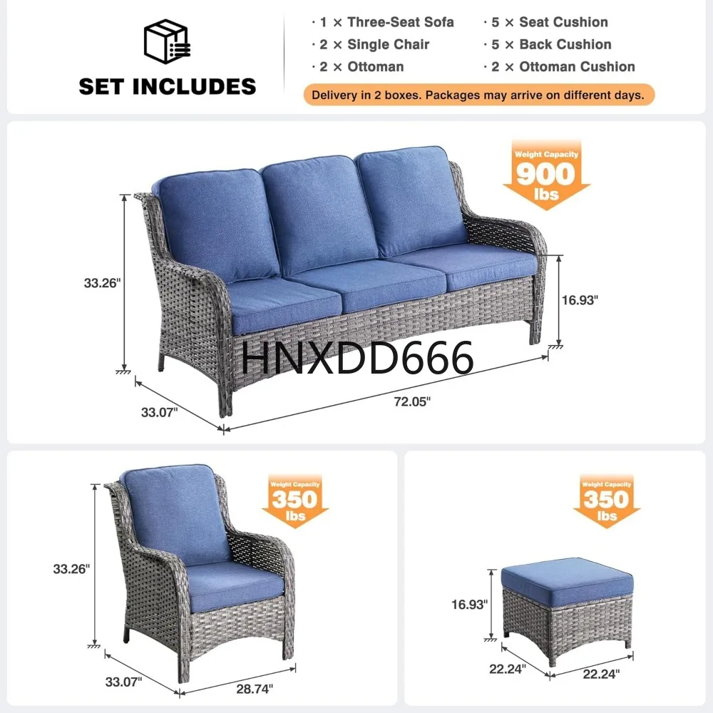 

5 Pieces, Outdoor Wicker Couch with Ottomans Comfy Cushions, Grey Rattan, Denim Blue, Garden Furniture Sets