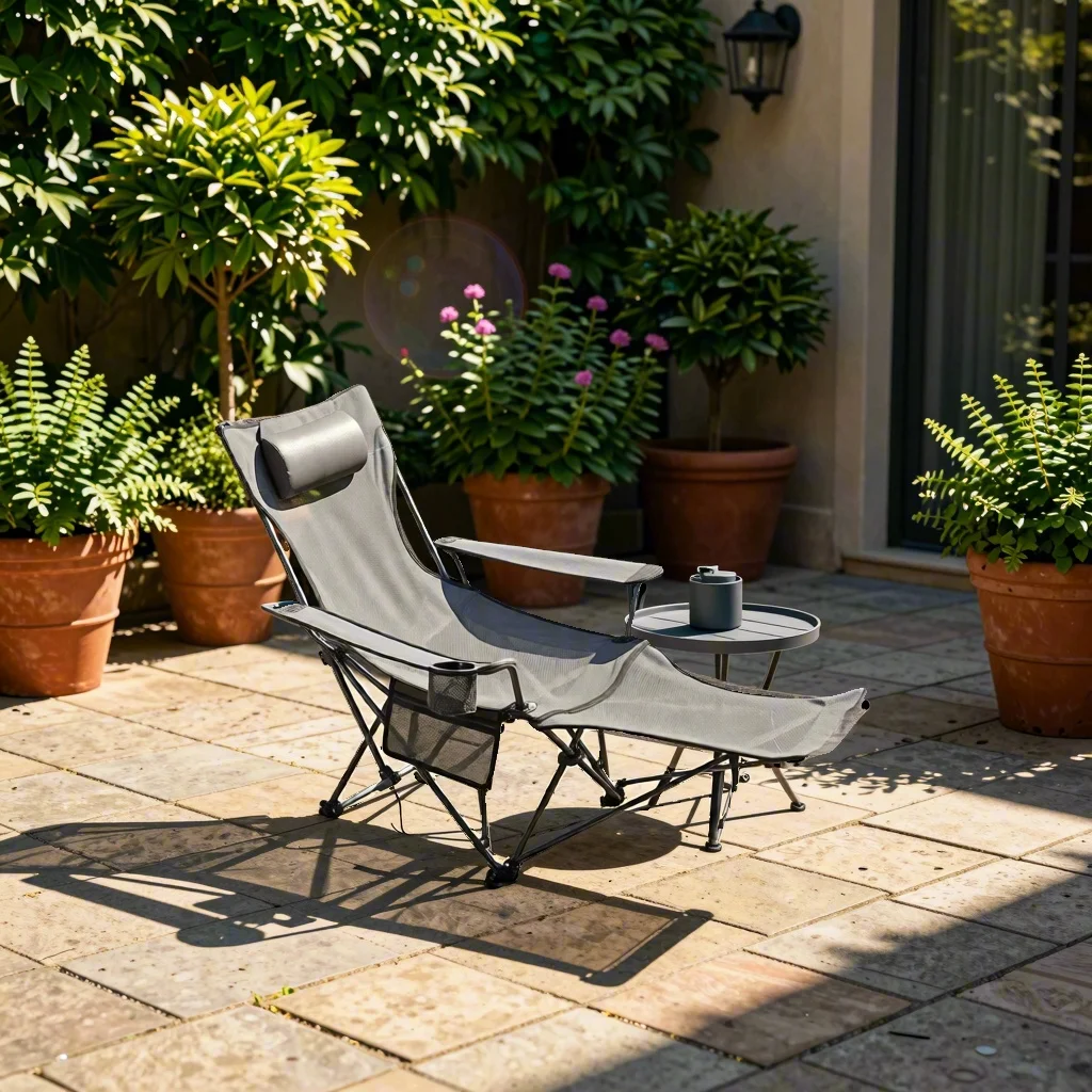 

4 Adjustable Positions Reclining Chair, Folding Mesh Beach Lounger with Headrest Footrest, 220lbs Heavy Duty for Outdoor