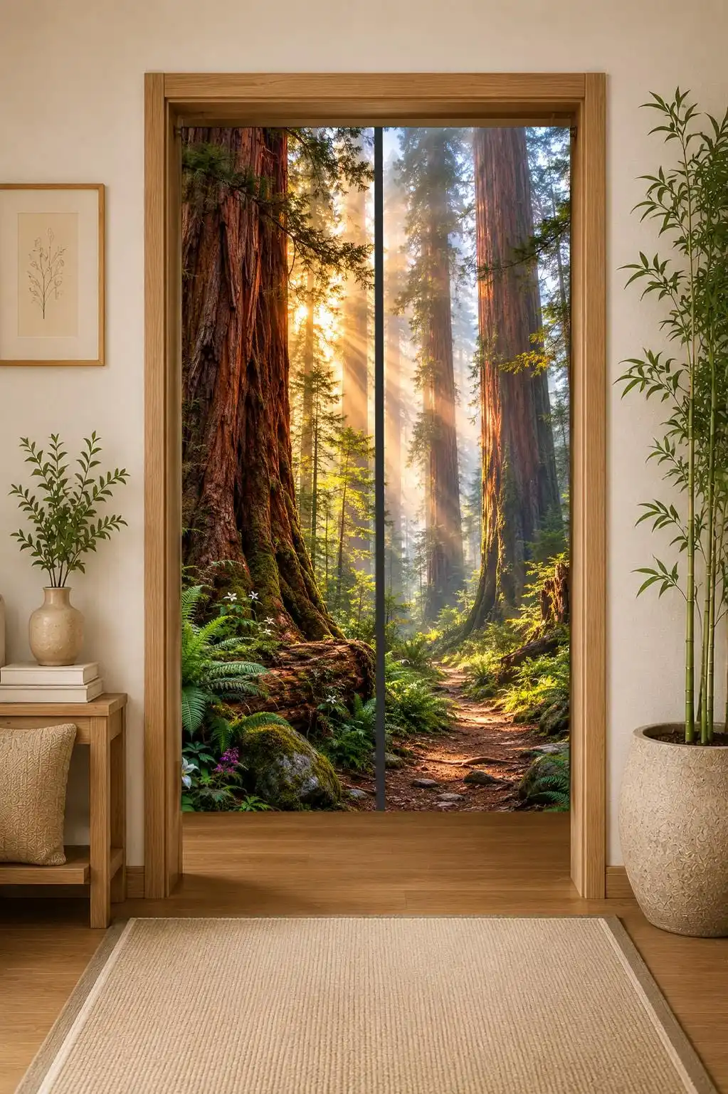 Realistic Redwood Forest Scene Shower Curtain Waterproof Bathroom Decor Tropical Nature Sunlight Print