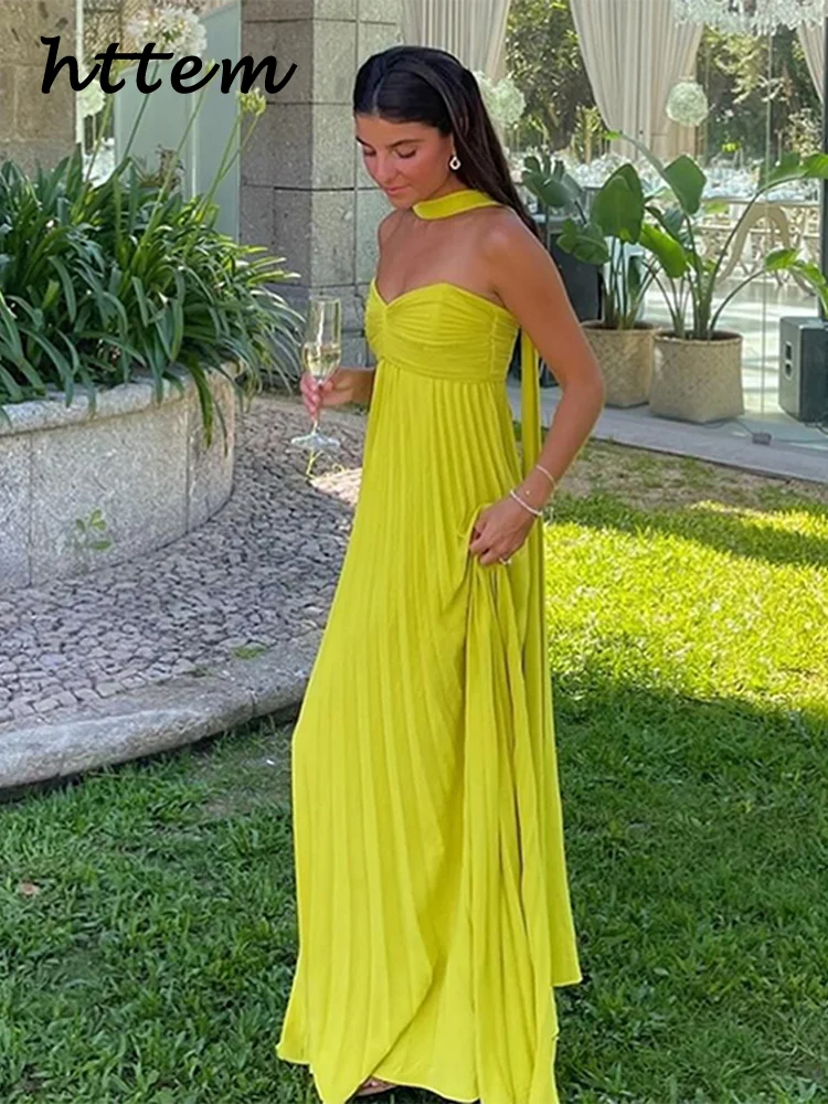 Elegant Strapless Ribbon Long Dress Women Sexy Sleeveless Backless Pleated Party Dresses 2024 Summer Lady Sexy Evening Robes New