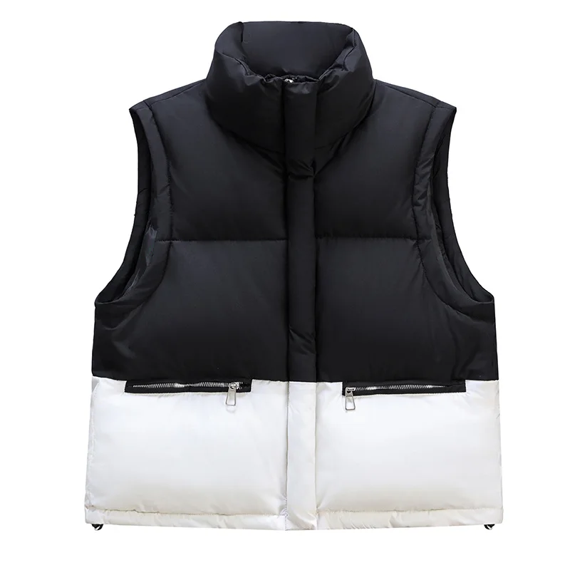

Winter Women's Cotton Vest Color Blocked Stand Collar Pockets Sleeveless Lady's Padded Coat Slouchy-Style Parka Coat For Female