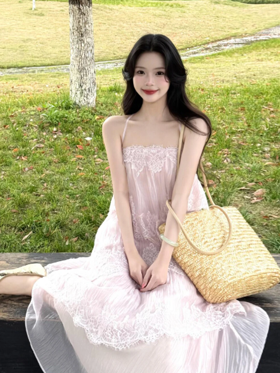 

Sweet Lace Strap Fairy Long Dress Unique Gentle Style Summer Cotton Gown for Women Beautiful Party Dress City Walk Casual Wear