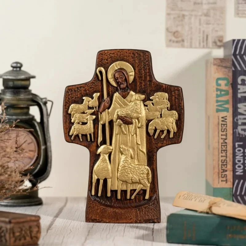 Jesus Good Shepherd Cross Statue,Christian Home Decor Ornaments Religious Pastor Gift