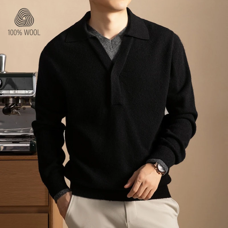 Suéter de dos capas de imitación para hombre, 100% lana 500 g, cuello vuelto, corte holgado Old Money ​   Artesanía estándar de oro