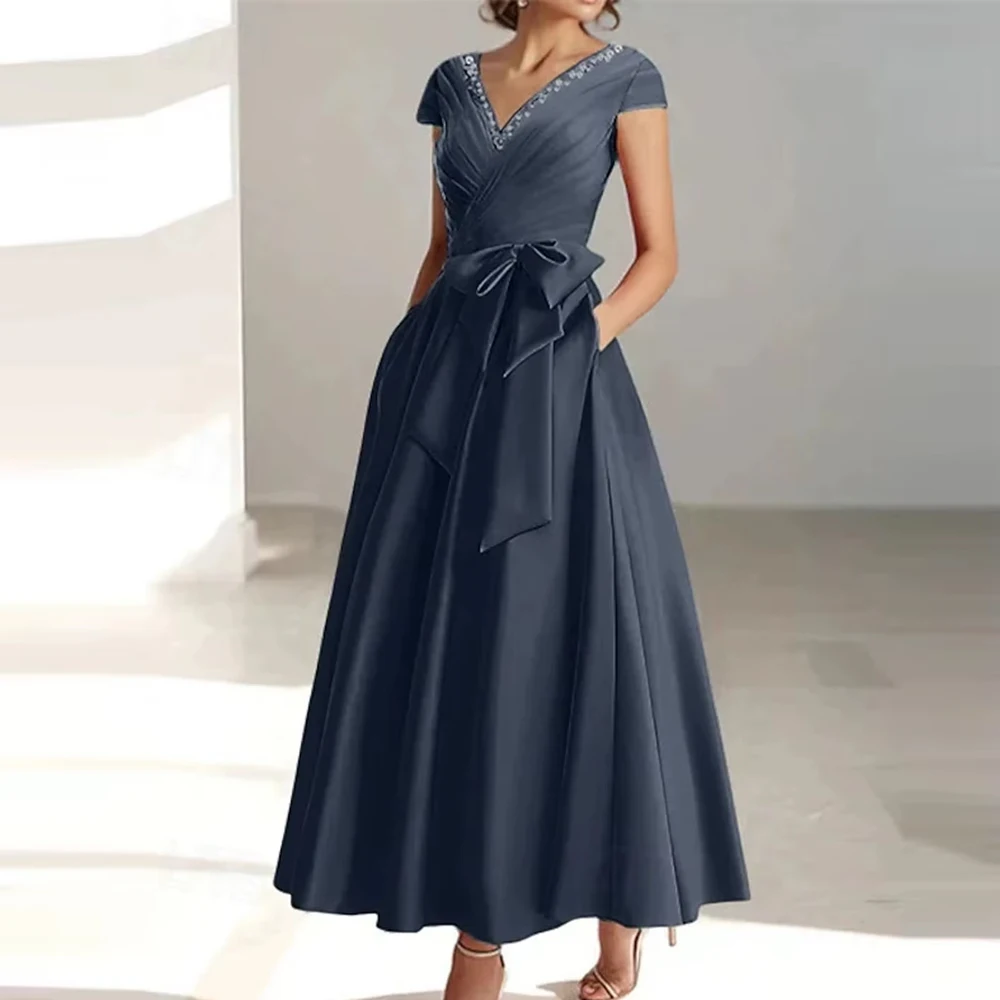 

Изысканное вечернее платье А-силуэта из шелковистого атласа с V-образным вырезом, бисером, бантом, длиной до щиколотки, с короткими рукавами, для свадеб и торжеств