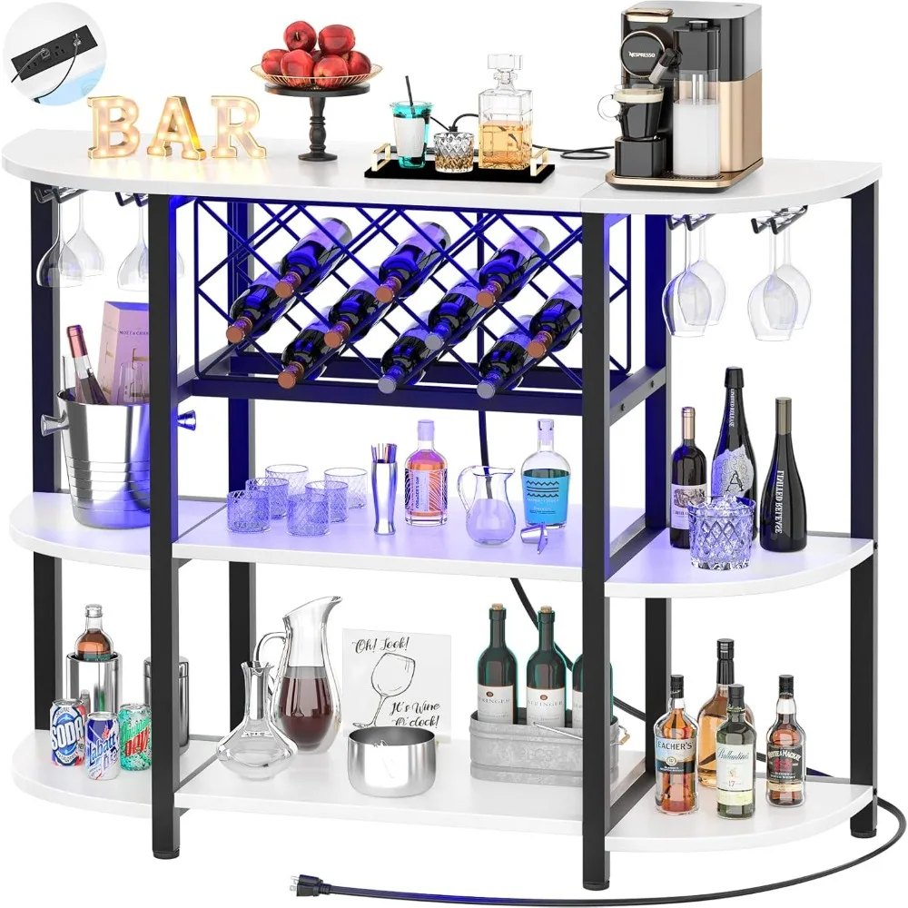 

Bar Table Cabinet with Charging Station,Wine Rack Table with LED Light and Storage,Floor Bar Cabinet for Liquor and Glasses