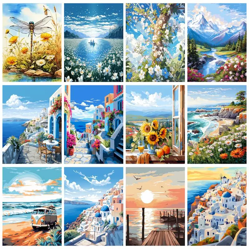 

RUOPOTY Painting By Numbers Seaside Town Digital Painting For Beginner on Canvas Acrylic Paint Paintings By Numbers Acrylic Kits