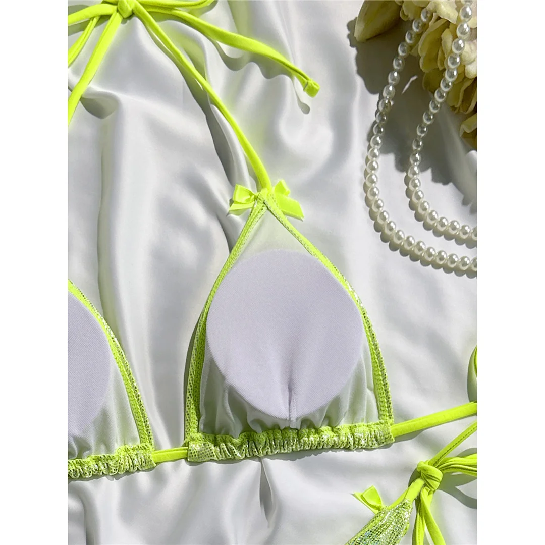 Glitzernder, funkelnder Neckholder-Bikini, Damen-Badebekleidung, zweiteiliger Bikini-Set, Badeanzug mit hohem Beinausschnitt, Badeanzug, Schwimmanzug V7269 – Detail 19