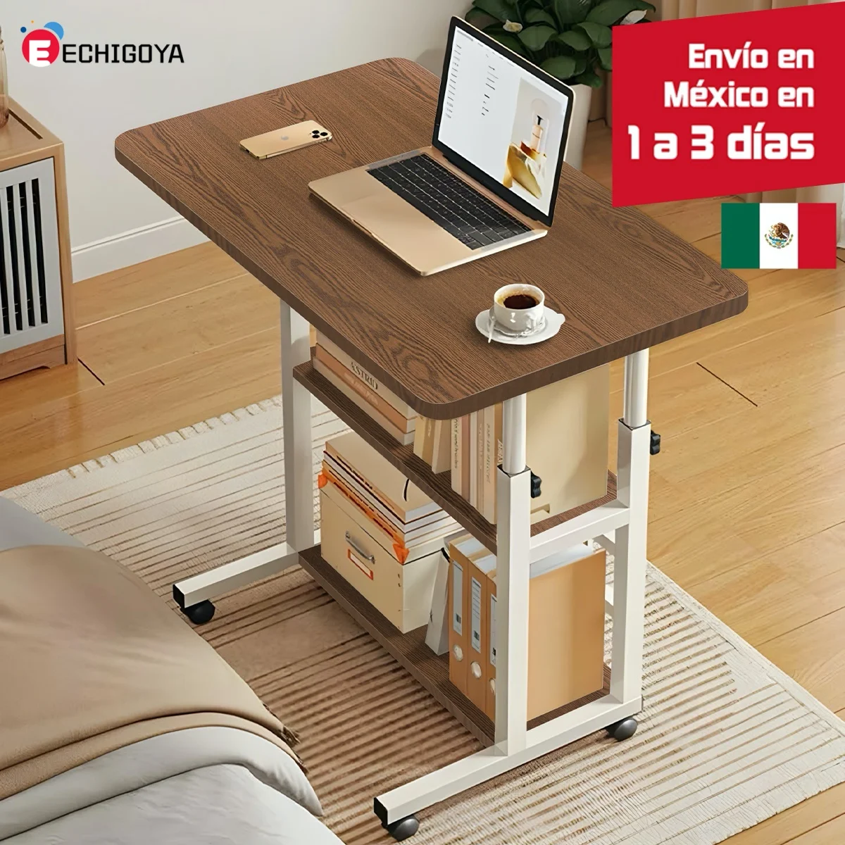 Ephigoya Portable Desk Laptop Table Computer Desk with Shelves Standing Desk Height Adjustable with Wheels Table for Hospital Bed Home Office (80x40 cm)
