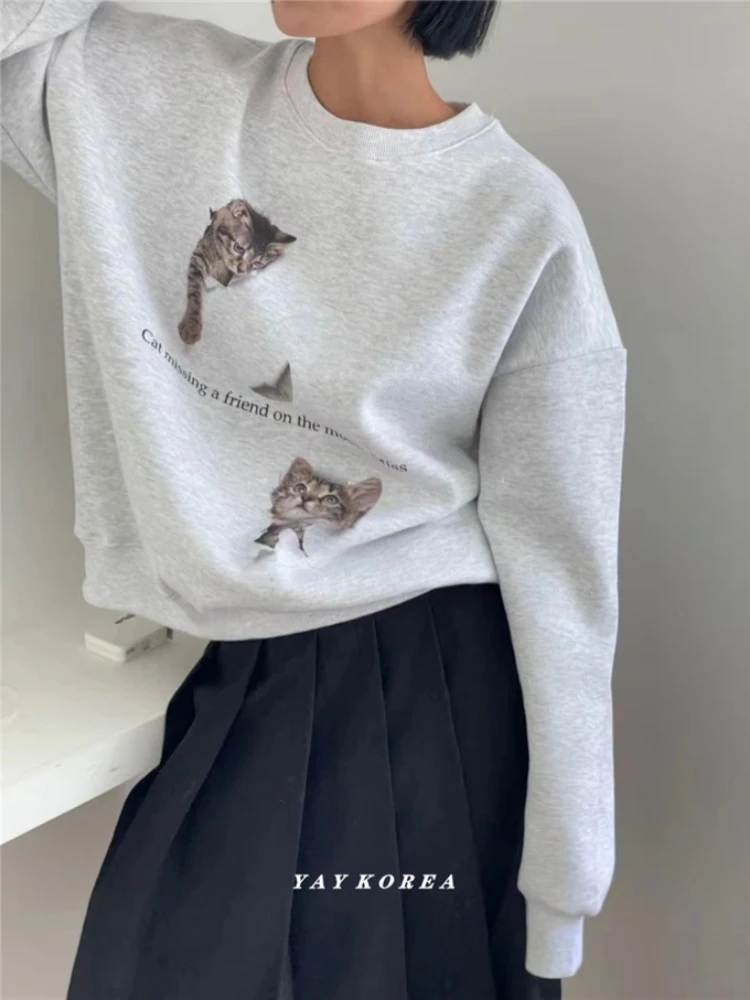 Hikigawa Simple Cute Cat Print Y2k Tops Loose Round Neck Hoodies Vintage Winter Sweatshirts Korean Fashion Sudaderas De Mujeres