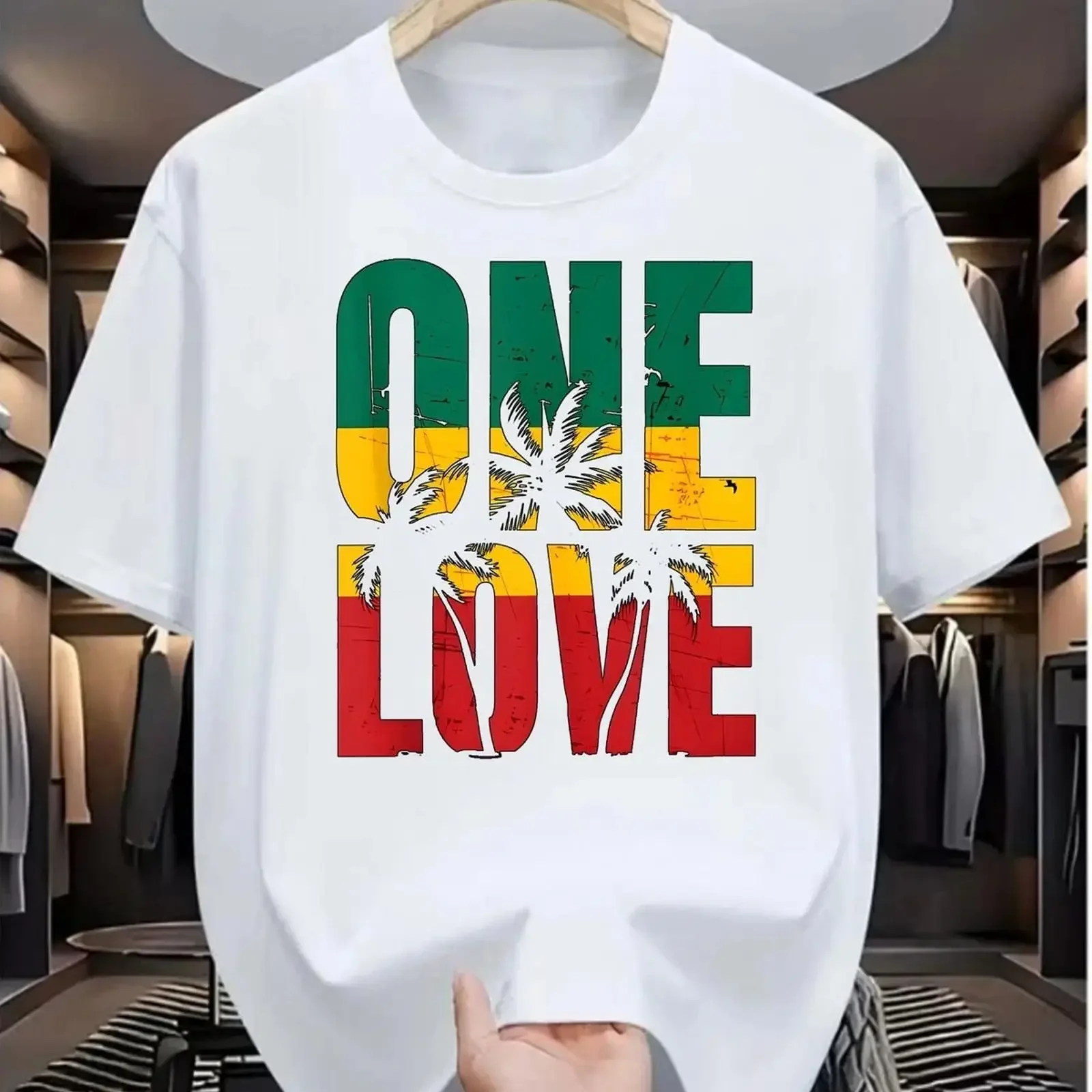 T-shirt One Love Rasta Reggae Jamaica Colors, vintage, lavé, respirant, confortable, streetwear décontracté, unisexe