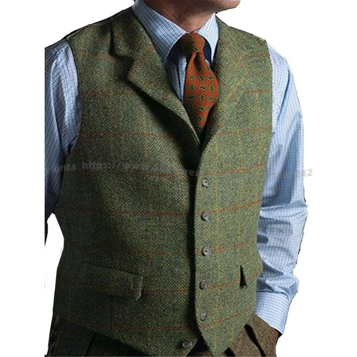 Bylunta Mens Suit Vest Notched Plaid Wool Herringbone Tweed Waistcoat Casual Formal Business Groomman For Wedding