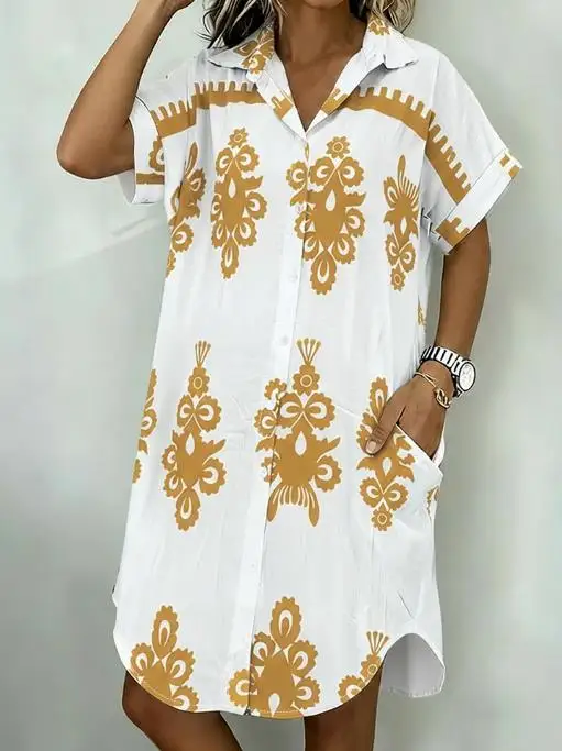 خمر الباروك وضع طباعة بدوره إلى أسفل طوق توالت الأصفاد زر أسفل قميص فستان المرأة فستان عطلة عادية مع جيوب #1