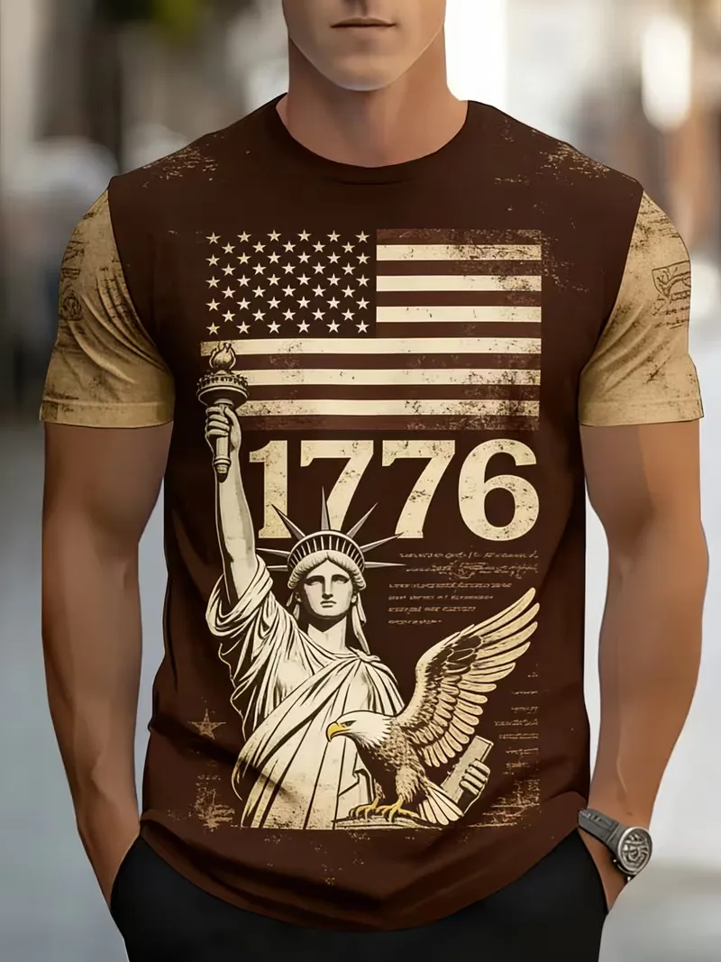 Men's Vintage 1776 American Flag T-Shirt Patriotic Statue Of Liberty Eagle Print Short Sleeve Independence Day Casual Tee Shirt