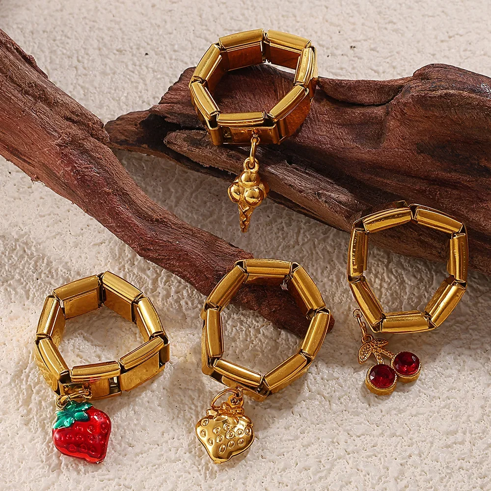 

Trendy DIY Stainless Steel 18K Gold Plated Ring Assembled Strawberry Cherry Pendant Enamel Design Jewelry Woman Gift 2025 New