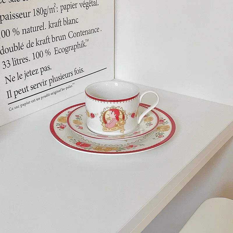 Red Rose Flower Breakfast Plate Dessert Plate Anne of Green Gables Themed Healing Series Hard Fine Porcelain round Dish for A...