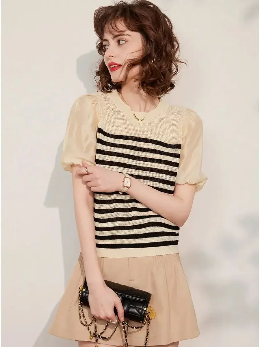 LOUIS YAO Women Knitwear T-shirt 2024 Summer Short Sleeve Round Neck Striped Contrast Color Puff Sleeve Fashion Casual Top