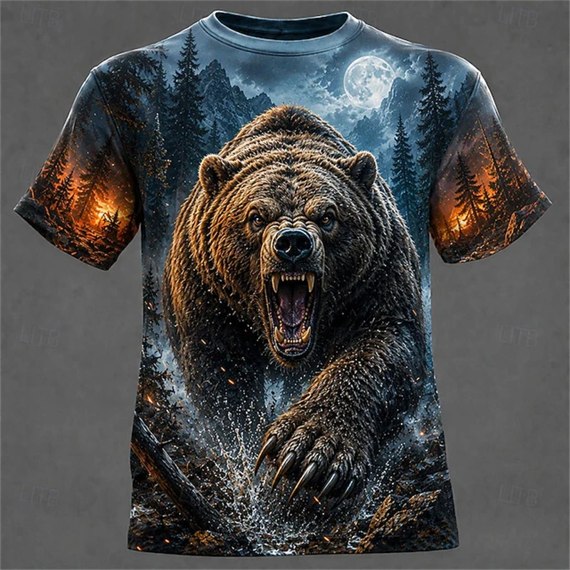 Men's Halloween Short-Sleeve T-Shirt “Full Moon Night” Fierce Wolf Print T-Shirt Stylish Casual Festive Streetwear Top