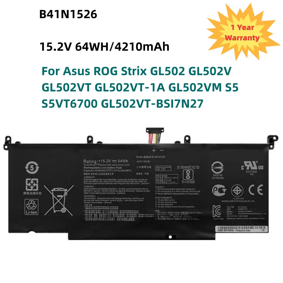 B41N1526 15.2V 64WH Laptop Battery For ASUS ROG Strix GL502 GL502V GL502VT GL502VT-1A GL502VM S5 S5VT6700 GL502VT-BSI7N27