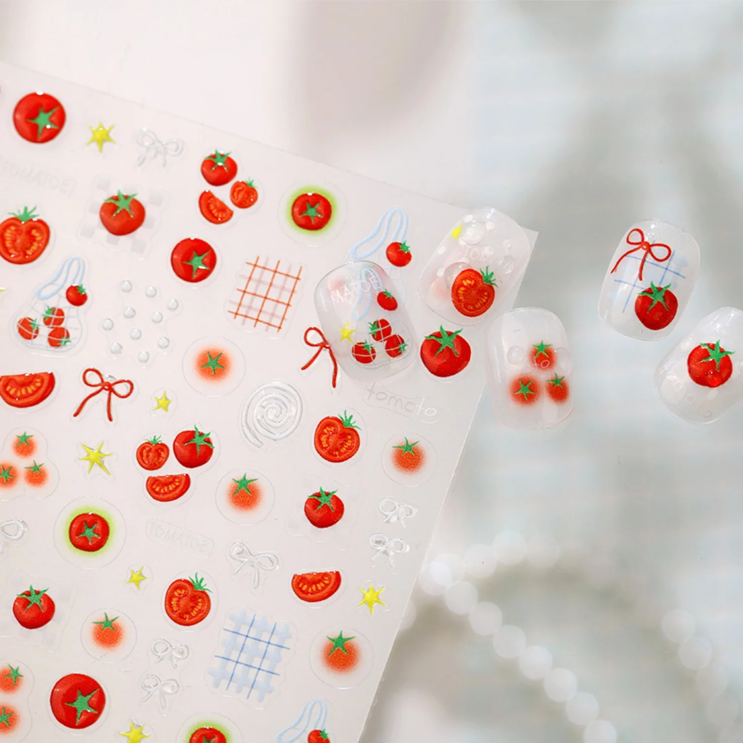 Cute Tomato Whole Sliced Tomato Checkered Block Bow Spiral Nail Decals 5D Nail Art Stickers Playful Food Theme Nail Accessories