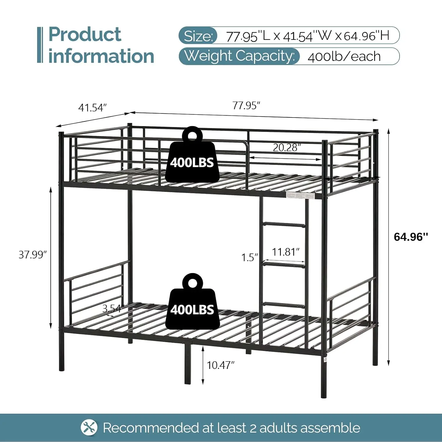 Bunk Bed Twin Over Twin /Teens/Adults Heavy Duty 2 Decker Bed with Flat Ladder and 13 inches High, Customized image 2