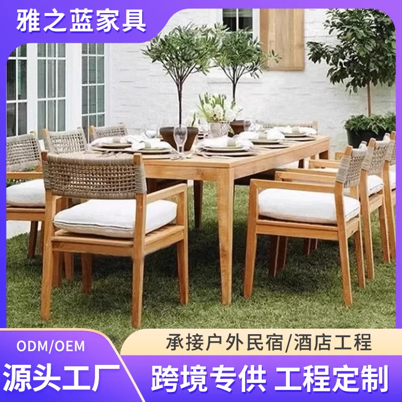 

Outdoor Teak Table And Chairs Villa Courtyard Outdoor Preservative Solid Wood Dining Table Nordic Garden Open-air Restaurant