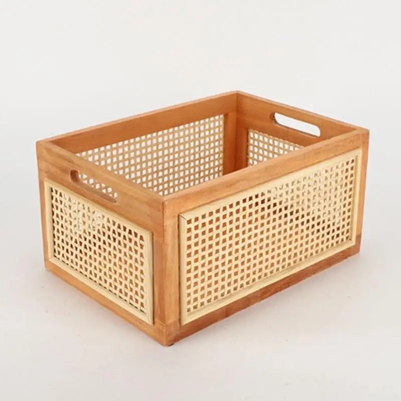 籐織竹収納バスケット無垢材デスクトップ引き出しスタイル中空キーボックスリビングルーム雑貨オーガナイザー
