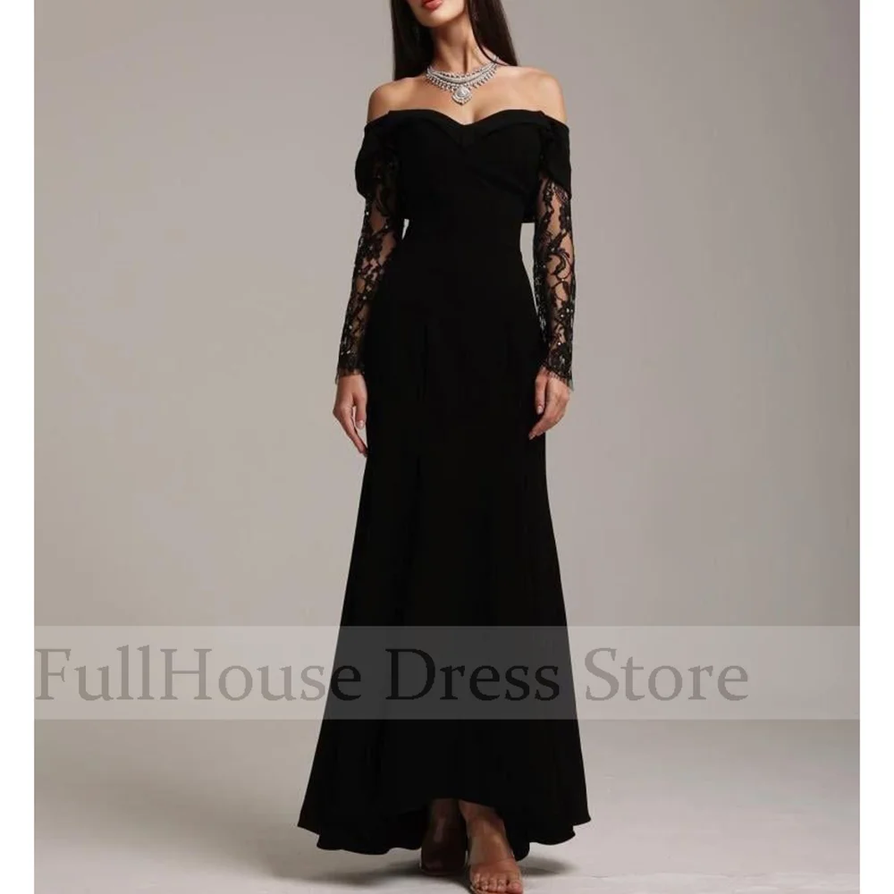 Bespoke Occasion Elegant Off Shoulder Lace Sequins Sheath Evening Gown Floor Length Backless Long Sleeve Prom Party Dress