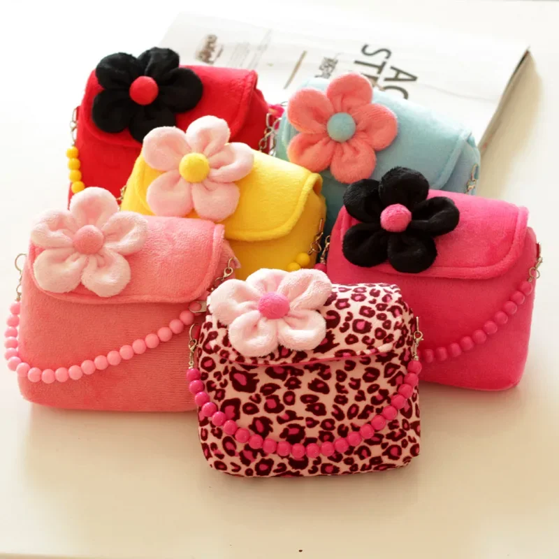 Cute Kids Girls 3D Flower Plush Purses Shoulder Messenger Bag Leopard New Lovely Candy Color Coin Purses Gift Zipper Mini wallet