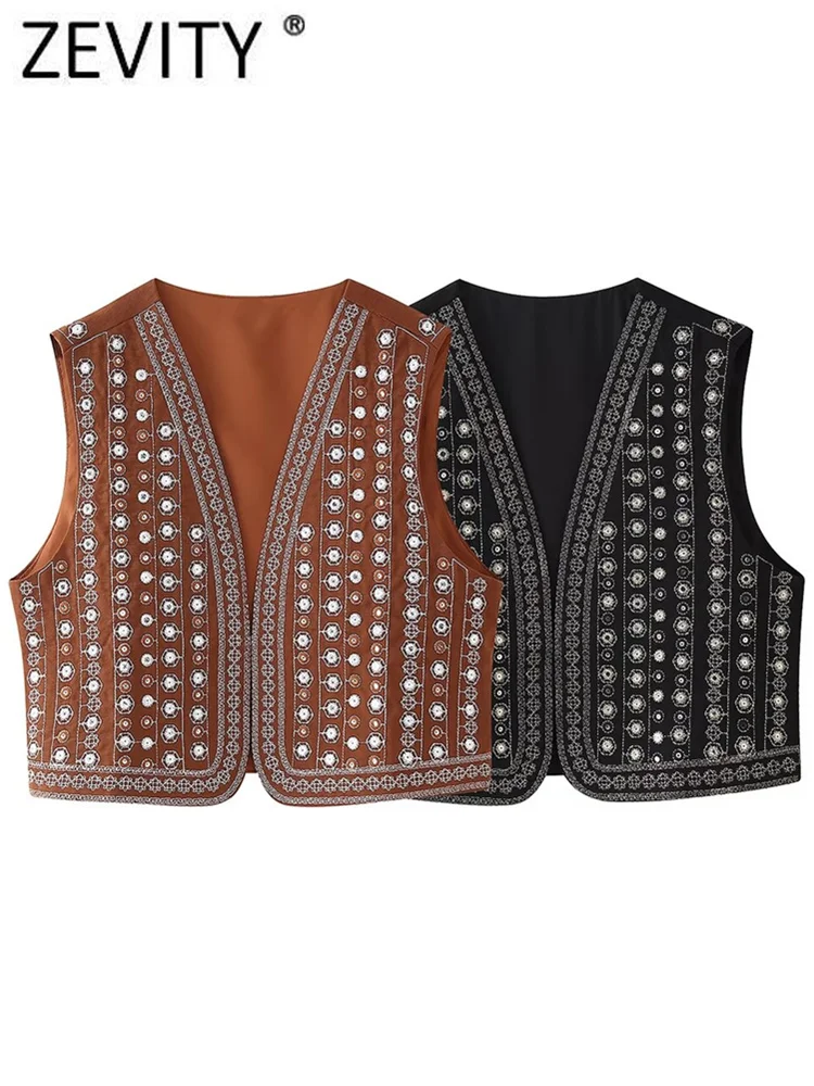 

Zevity 2024 Women National Style Sequined Embroidery Open Stitch Short Vest Jacket Ladies Retro Cardigan WaistCoat Tops CT7150