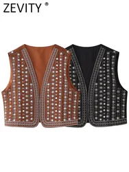 Zevity 2024 Women National Style Sequined Embroidery Open Stitch Short Vest Jacket Ladies Retro Cardigan WaistCoat Tops CT7150