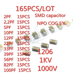 165 sztuk/partia 1206 2PF 2,2PF 5PF 10PF 12PF 22PF 33PF 39PF 56PF 82PF 100PF 1000V 1KV SMD kondensator NPO COG 5% NPO COG