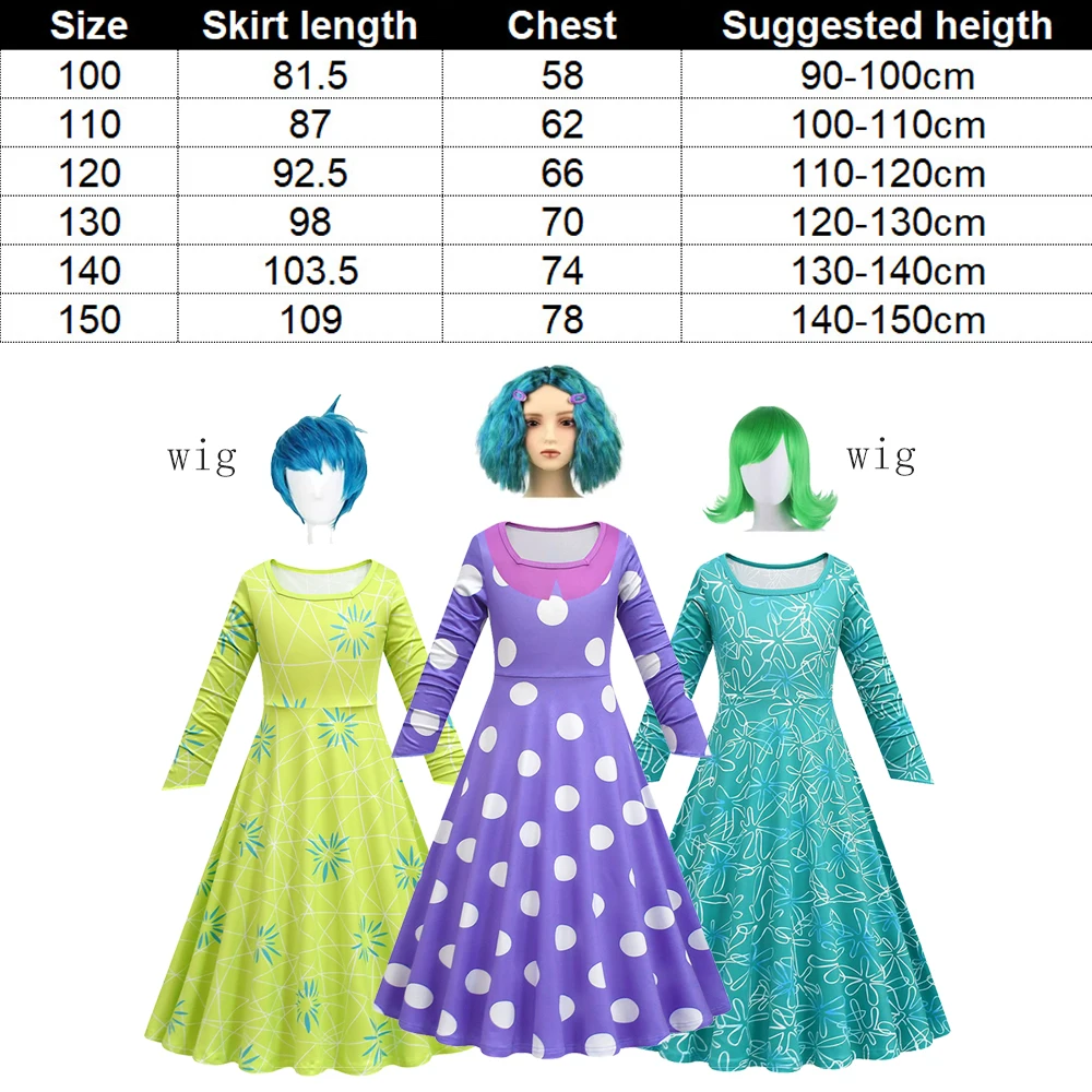 New Cartoon Inside Out 2 Kids Princess Dresses for Girls Costume Joy Inspired and Envy Cosplay Dress+Mask+Wig Sets Birthday Gift