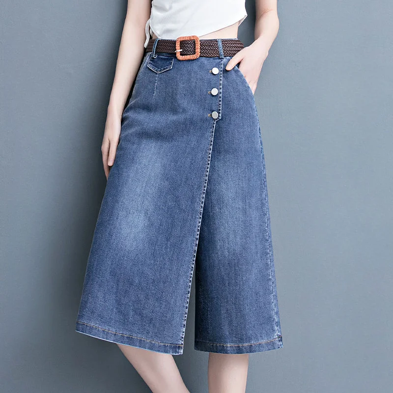 Denim Mid-length Culottes Women High-waist Summer New Girl Skirt Fake Two Covered Belly Wide Legs Over Knee in One Body Pants