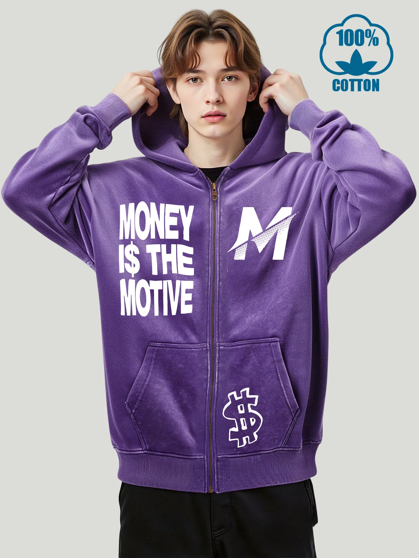 

More Is The Motive M Print Washed Zipper Hoodies Mens Hip Hop Autumn Hoody Cotton All-Match Jackets Unisex Casual Loose Clothing