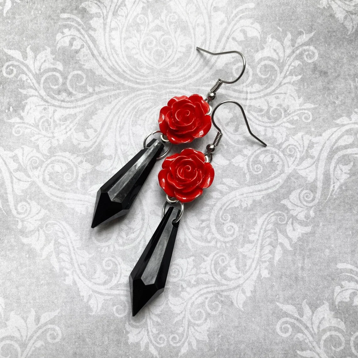 Vampire Crystal Earrings, Rose, Vintage, Red Blood Crystal, Gothic Jewelry, Demon Drops, Women's Earrings, Witchcraft Accessory