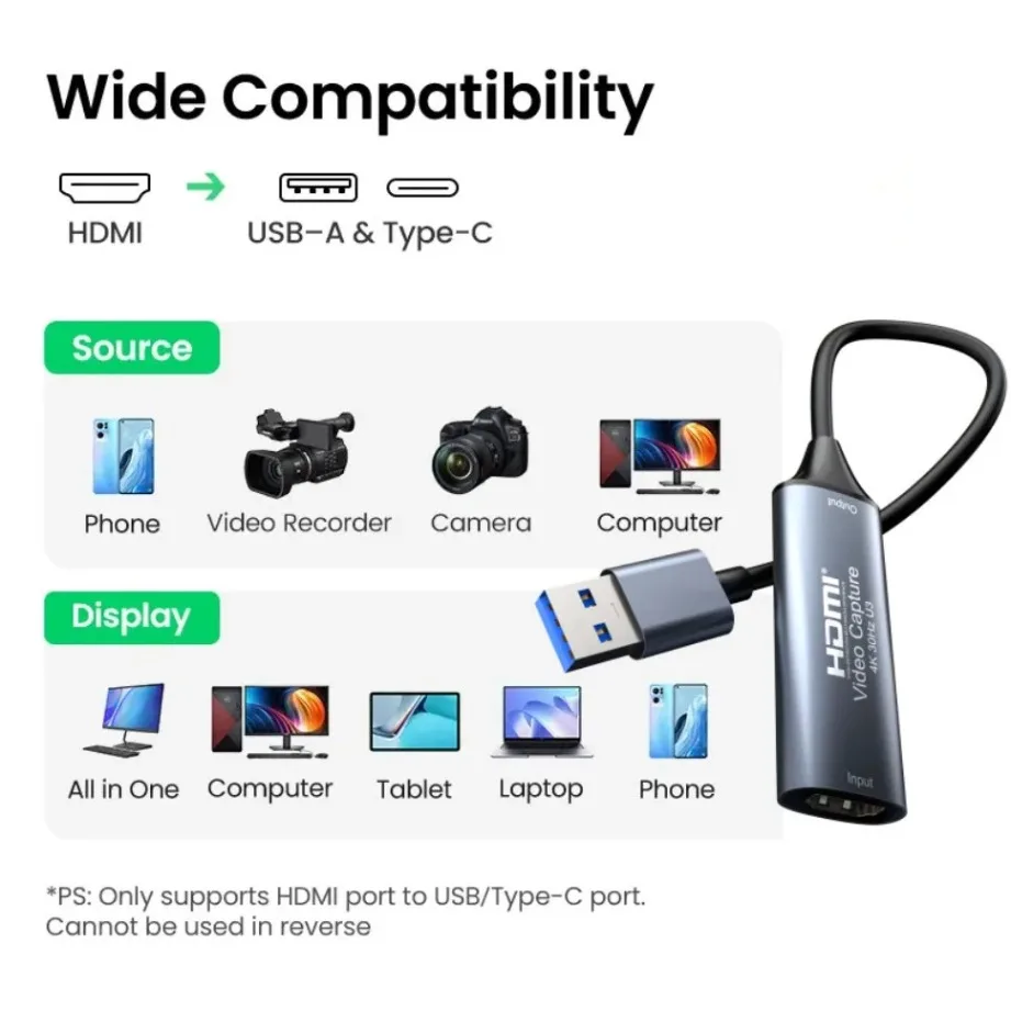HDMI Video Capture Card 4K 30Hz HDMI to USB 2.0/USB 3.0/TYPE-C Video Capture Card For Macbook PS4 PC Game DVD Camera Recording