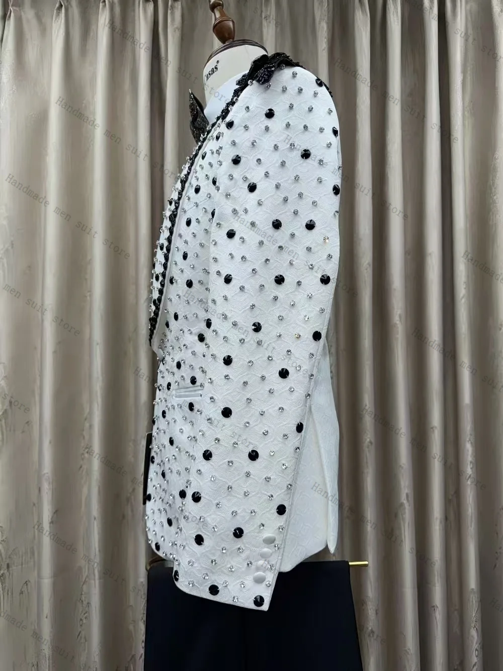 الأبيض الرجال البدلة مجموعة 2 قطعة بلورات السترة + السراويل السوداء الزفاف البدلات الرسمية معطف القطن مخصص مكتب الأعمال الرسمي سترة #3