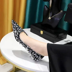 Korean Version New Fashion Banquet Shining Sequins High Heels Low Heel Pointed Toe Shiny Women's Shoes Temperament 237-21