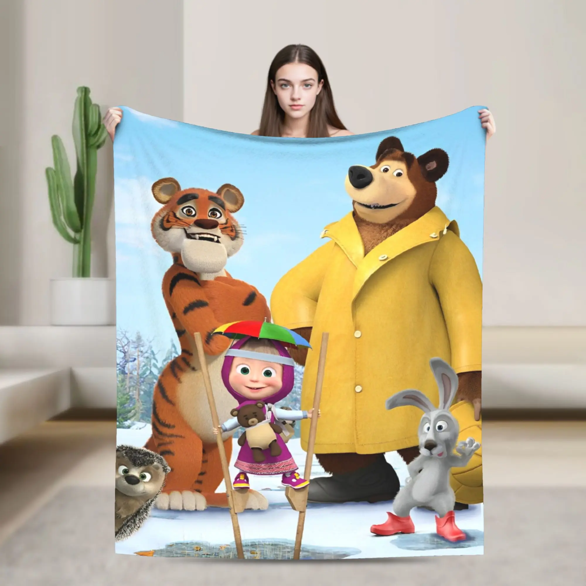 Springtime Cartoon Cute M-Masha And Bear Knitted Blankets Fleece Throw Blankets Bed Sofa Decoration Lightweight Bedspreads,