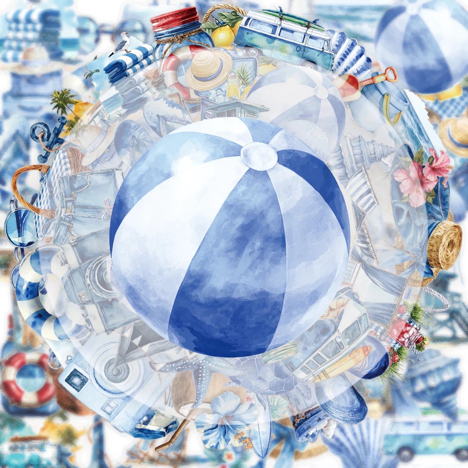 50 Transparent Summer Beach Blue Series Stickers Pack, Suitable for Decorating Water Bottles, Laptops, Mobile Phones, Suitcases, Skateboards, Guitars, Gift Boxes, Party Decorations