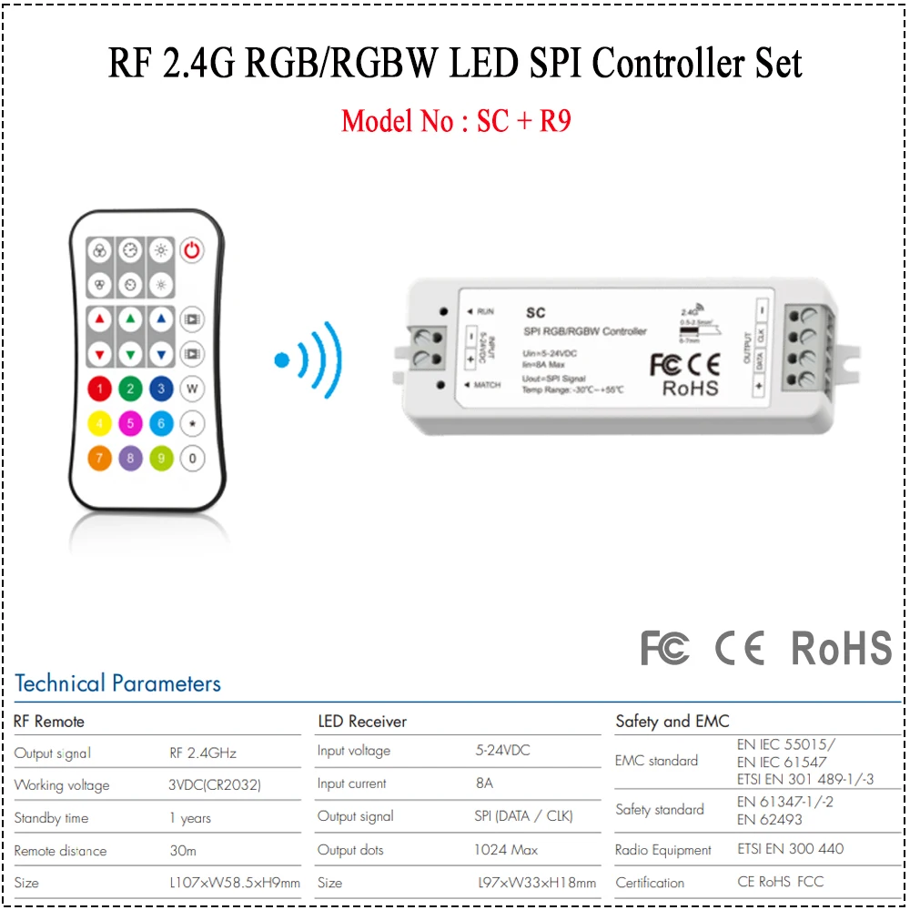CENFAYA RF SPI RGB RGBW LED Controller Set Built in 40 dynamic mode SPI multi-pixel Controller RF 2.4G Wireless Remote DC5-24V