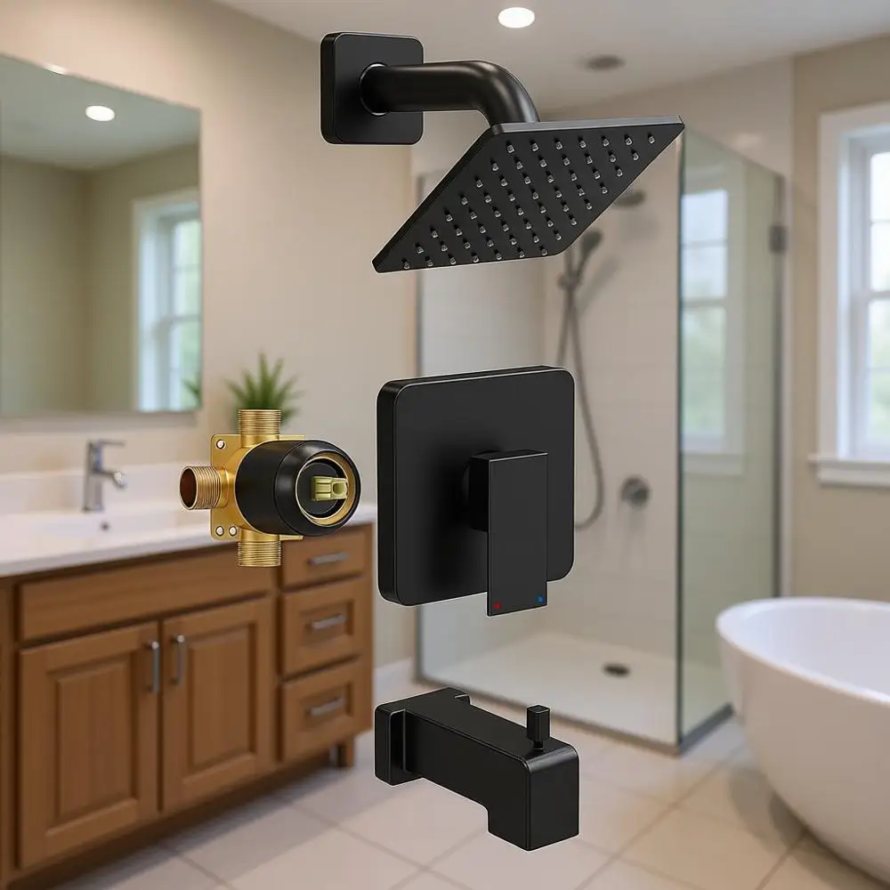 Conjunto de Chuveiro e Misturador com Chuveiro de Teto de 6 Polegadas, Bica para Banheira, Kit de Acabamento para Banheira com Monocomando, Preto Fosco