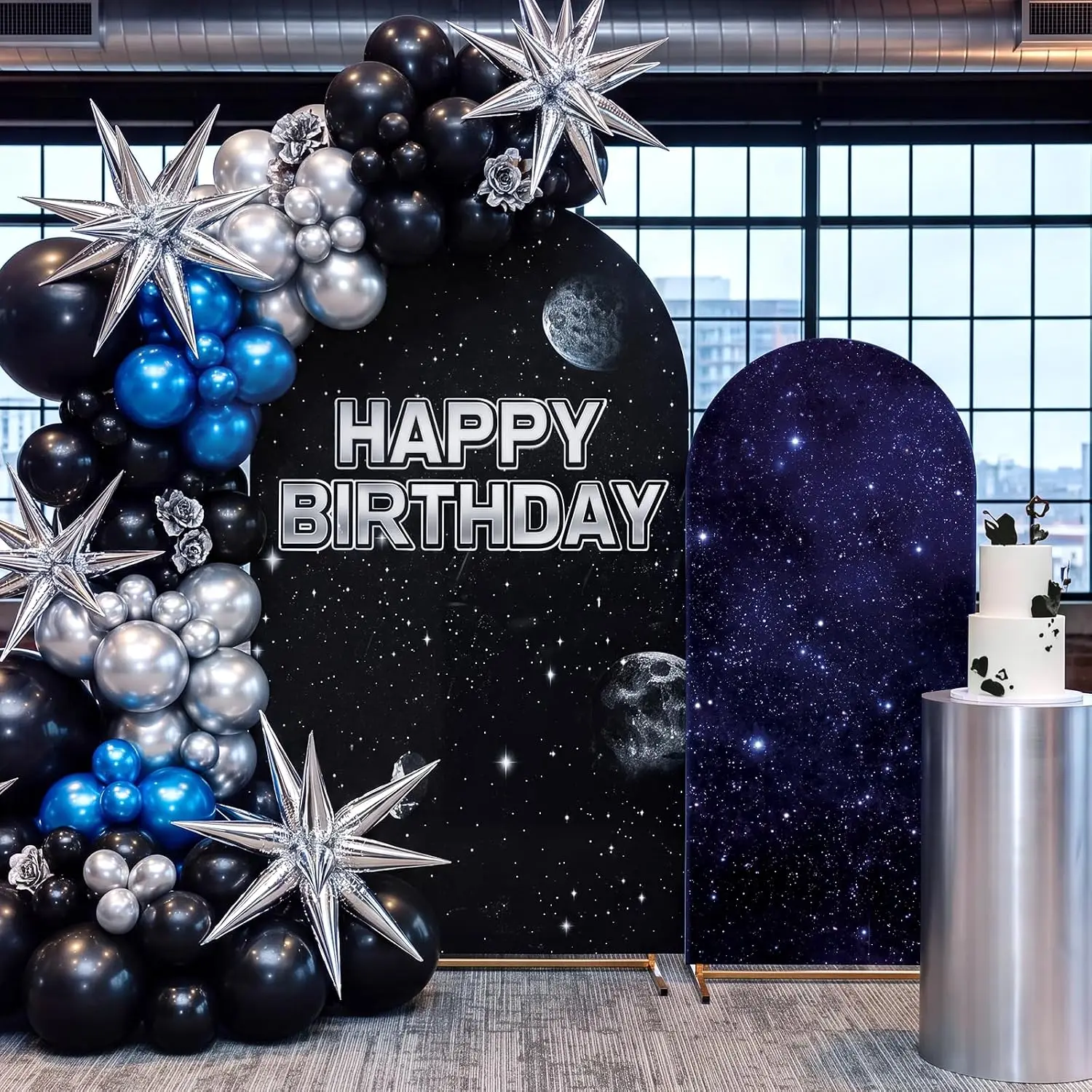 Space Battleship Wars Arch Backdrop Cover Happy Birthday Party Background Deep Black Meteorite and Dreamy Blue Galaxy Photoshoot